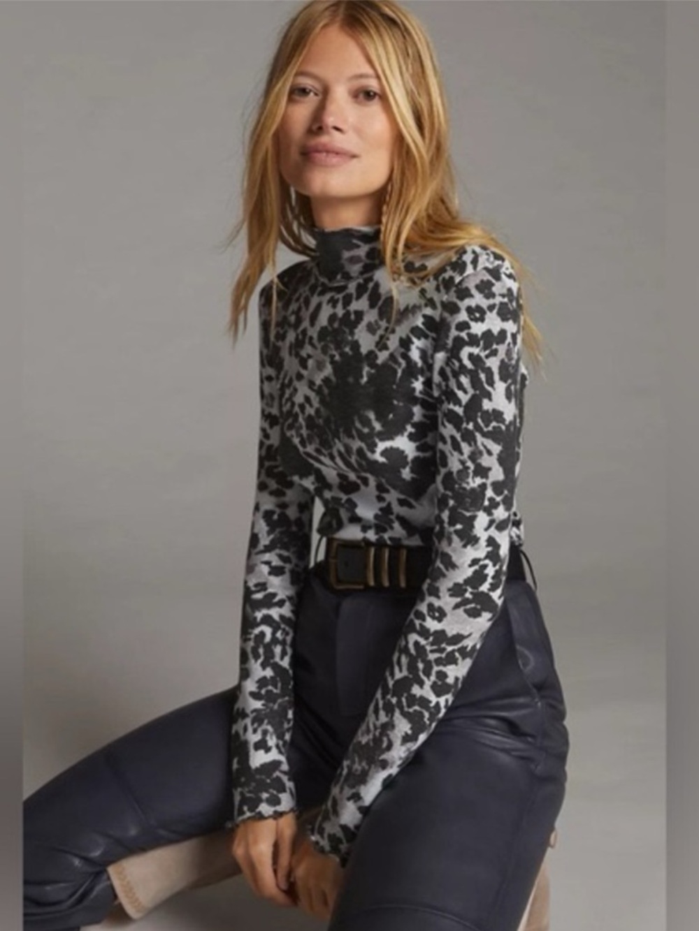 Anthropologie Pilcro Lettuce Edge Long Sleeve Turtleneck Top Black Gray Leopard